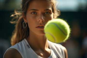 Sporty woman with tennis ball. Tennis match.. Tennis ball on tennis court. Tennis match. - obrazy, fototapety, plakaty