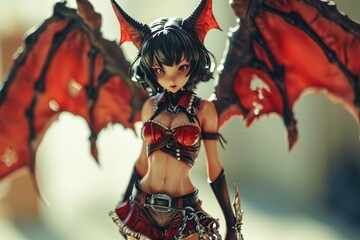 Beautiful demon girl, young woman with wings and with horns in red and black, devil and god - obrazy, fototapety, plakaty