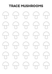 Trace mushrooms. Worksheets for kids. Preschool education.
