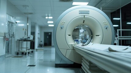 A picture of an MRI machine sitting in a hospital hallway. Can be used to depict medical technology and healthcare facilities
