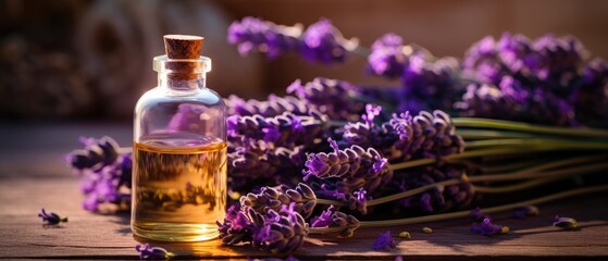 Obraz na płótnie Canvas Essential Aromatic oil and lavender flowers, natural remedies, aromatherapy, beauty treatment items for spa procedures