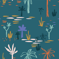 Palm tree seamless pattern. Hand drawn tropical pant leaf summer organic shapes. Beach vacation background - 706374943