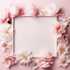 Aesthetic frame mockup decorated with tender light peonies. Invitation or greeting concept Layout. Generative AI