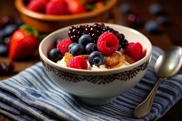 A vibrant fruity dessert with mixed berries, served in a bowl alongside a spoon on a napkin. Generative AI