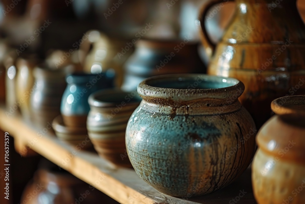 Poster a collection of various types of vases displayed on a shelf. ideal for home decor or floral arrangem