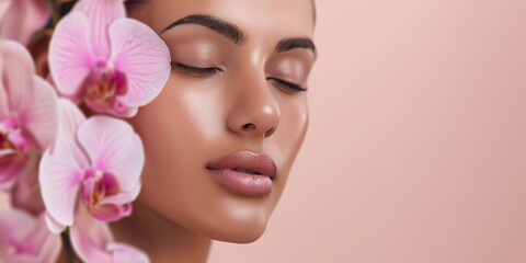 Wunderschönes Model Frauen Gesicht mit rosa Orchidee für Wellness und Spa als Poster in Nahaufnahme im Querformat, ai generativ - obrazy, fototapety, plakaty