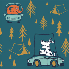Dog, elephant car camping funny cool summer t-shirt seamless pattern. Road trip vacation print design. Forest camp