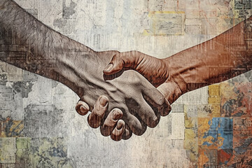 handshake in the form of a collage made of scraps art 