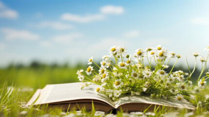 An open book lying in a field with fresh chamomiles, basking in the warm sunlight, symbolizing relaxation and reading.