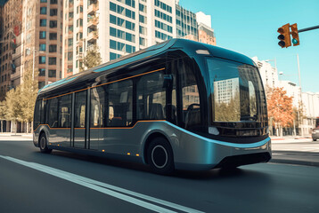 Obraz premium Self driving bus. Autonomous bus driving in city. Future Electric passenger buse. Self-driving passenger electric bus. Public electric E-bus. Driverless bus line with 5g autonomous driving buses.