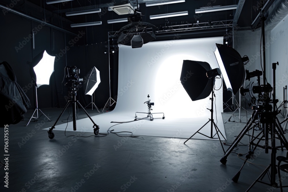 Poster a photo studio setup with various lights and lighting equipment. perfect for professional photograph