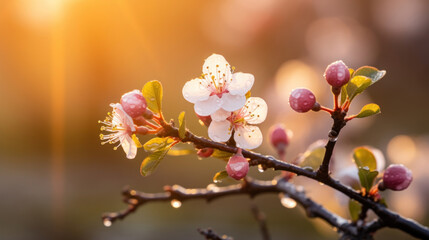 Close-up of delicate spring blossoms with fresh morning dew, highlighted by the golden glow of sunrise.