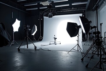 A photo studio setup with various lights and lighting equipment. Perfect for professional photographers or anyone in need of a well-equipped studio.