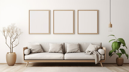Chic Simplicity: Mid-Century Interior Design with Beige Sofa and Poster Frames