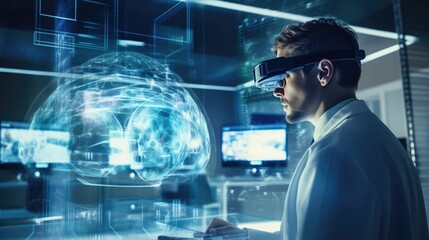 doctor wearing VR virtual reality glasses Checking diagnosis and the Sci-fi Medical technology graphic interface hud screen, Hologram Of Human Brain in Modern Laboratory