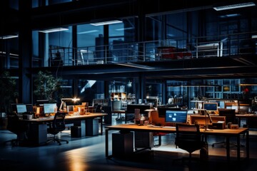 Modern Office Space After Hours with Illuminated Workstations - obrazy, fototapety, plakaty