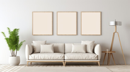 Chic Simplicity: Mid-Century Interior Design with Beige Sofa and Poster Frames - obrazy, fototapety, plakaty