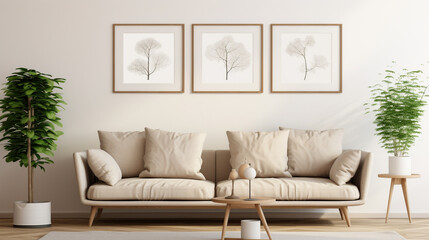 Timeless Elegance: Modern Living Room with Beige Sofa and Mock-Up Poster Frames