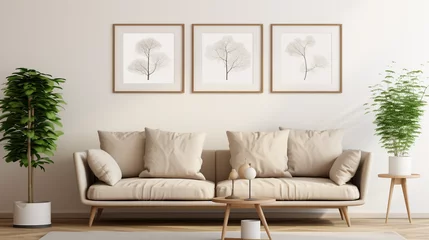 Foto op Plexiglas Timeless Elegance: Modern Living Room with Beige Sofa and Mock-Up Poster Frames © pierre