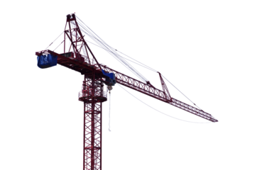 Tall building crane with long yellow arrow on transparent background. The machine is working outdoors. (Emphasis on specific points