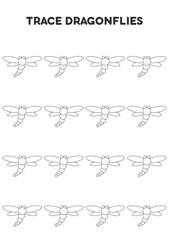 Fototapeta premium Trace dragonflies. Worksheets for kids. Preschool education.