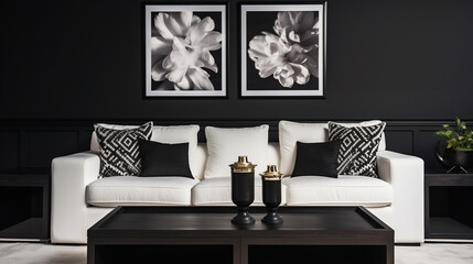Art Deco Chic: White Sofa, Black Wall, and Poster Frame in Contemporary Interior