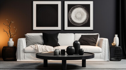 Sleek Sophistication: Modern Living Room with Black Wooden Coffee Table and Poster Frame