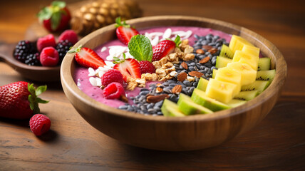 Acai bowl with strawberries, banana, blueberries, kiwi fruit, nuts and granola on wooden table.