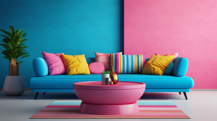 Vibrant Living: Colorful Pop Art Home Interior with Blue Sofa and Round Pink Table