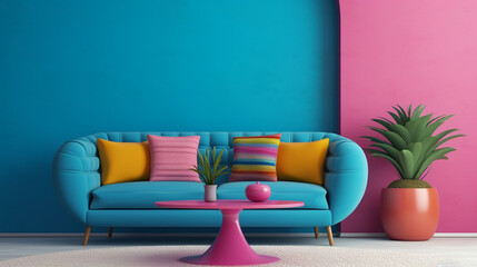 Vibrant Living: Colorful Pop Art Home Interior with Blue Sofa and Round Pink Table