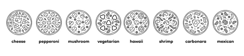 Set tasty pizza  line icon. Pizzeria delivery service. Editorial stroke. Carbonara, cheese, salami, pepperoni, mushroom, hawaii, shrimp, seafood,  mexican.