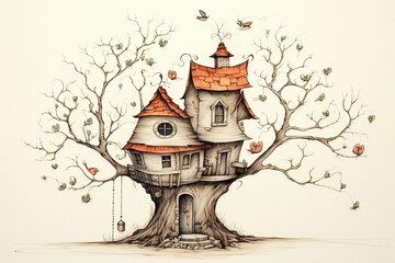Enchanted Treehouse Illustration in Whimsical Hand-Drawn Style