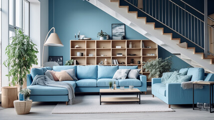 Scandinavian Serenity: Modern Living Room with Blue Sofas and Staircase
