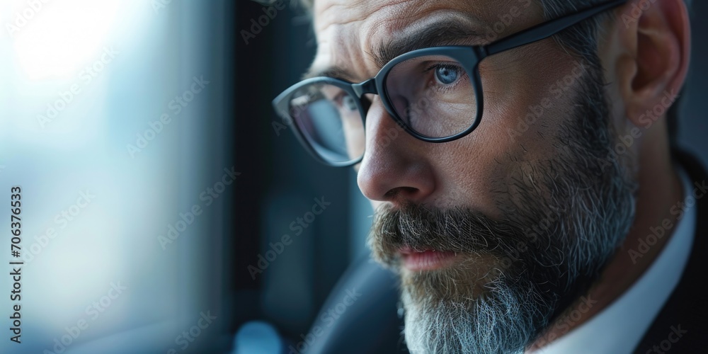 Aufkleber A close-up view of a man with glasses and a beard. This image can be used to portray a professional or intellectual look