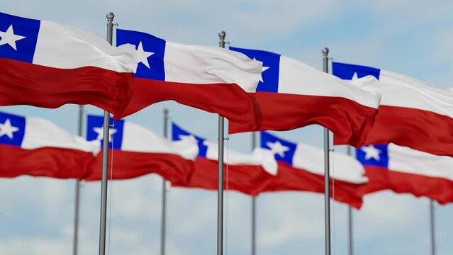 Chile many flags waving together in the wind, seamless looped video