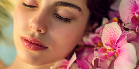 Fototapeta na wymiar Wunderschönes Model Frauen Gesicht mit rosa Orchidee für Wellness und Spa als Poster in Nahaufnahme im Querformat, ai generativ