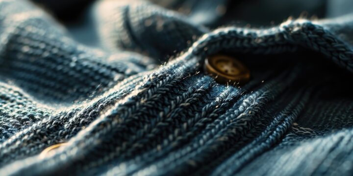 A close-up view of a sweater with a button on it. Can be used for fashion or clothing-related projects