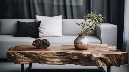 Sleek Minimalism: Grey Pillows and Live Edge Table in Contemporary Living Space