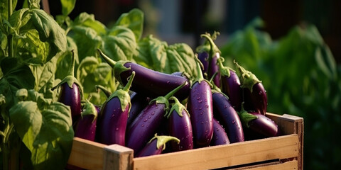 purple flowers,Organic eggplant plantations in a European field,Bucket with freshly picked eggplants on the background of plantations picking of fresh vegetable,Eggplant Grows On Rows Of Dirt In A Far