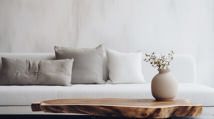 Fototapeta na wymiar Modern Simplicity: White Sofa and Live Edge Coffee Table in Loft Interior