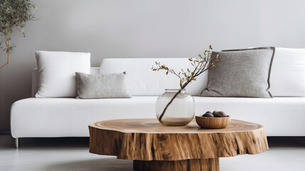 Natural Elegance: Close-Up of Live Edge Coffee Table in Minimalist Loft Living Room