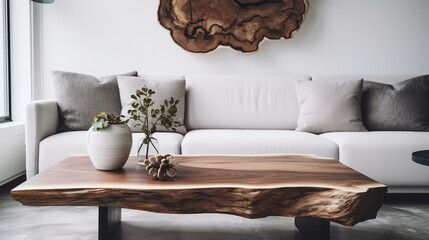 Natural Elegance: Close-Up of Live Edge Coffee Table in Minimalist Loft Living Room