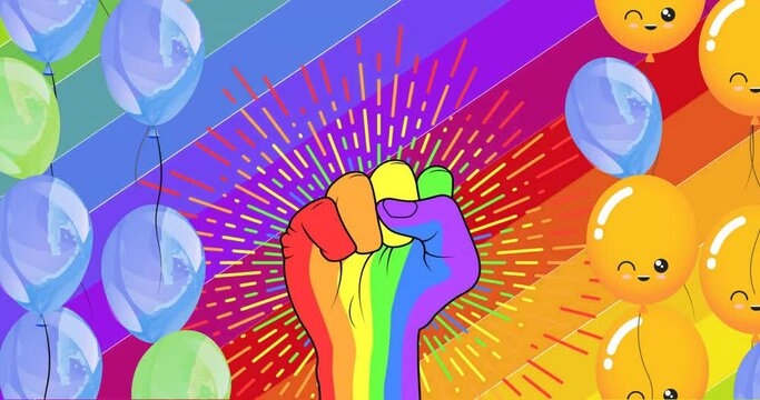 Animation of rainbow fist and colourful balloons on rainbow background