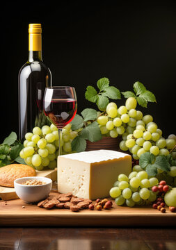 Food still life with wine, cheeses and fruits on a dark background. Vertical image.