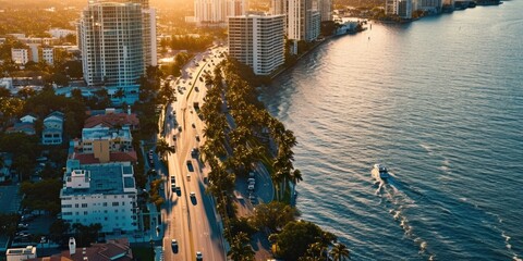 A stunning aerial view of a city with a boat peacefully sailing in the water. Perfect for travel and urban lifestyle themes