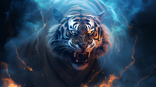 Tiger God surrounded by storn