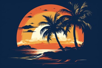 Fototapeta na wymiar T-shirt logo design of beach with palms and sunset