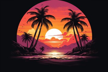 T-shirt logo design of beach with palms and sunset