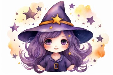 Watercolor cartoon cute witch with dark purple hat