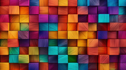 Abstract geometric colorful 3d texture wall, with colored squares and cubes as background, textured wallpaper